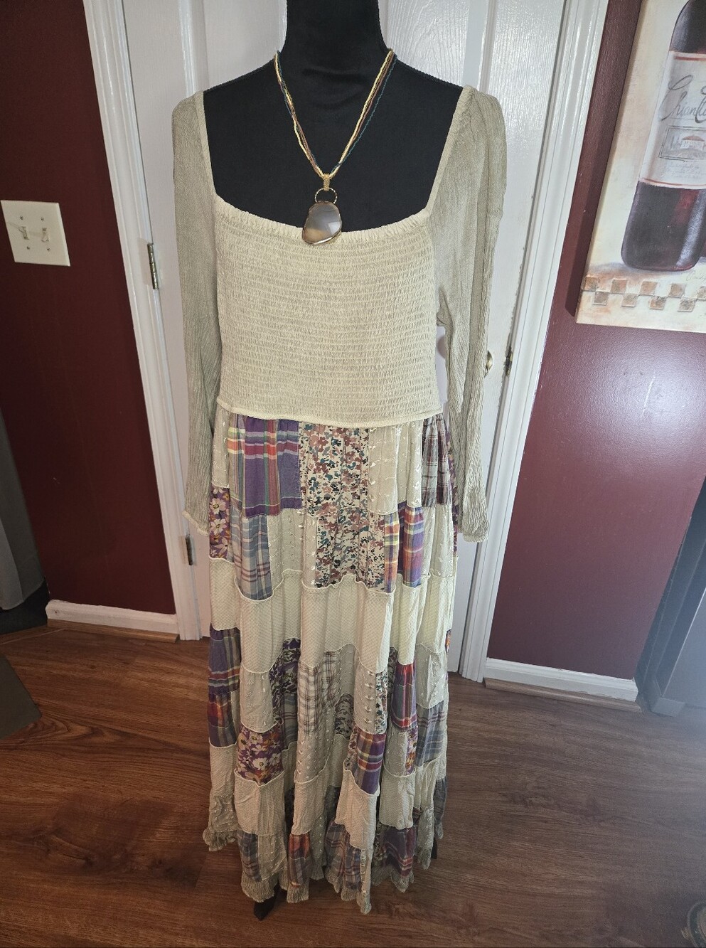 Boho Patchwork Maxi Dress with Knit Bodice - Cream & Plaid